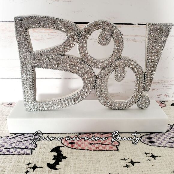 RHINESTONE Glam Bling Bling "BOO" Halloween Sign with Solid Marble Base - Picture 1 of 6